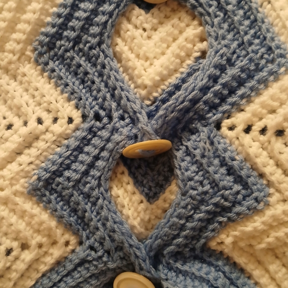 Hand Crochet Blue and White Chevron Knit Shawl With Buttons - Picture 4 of 8